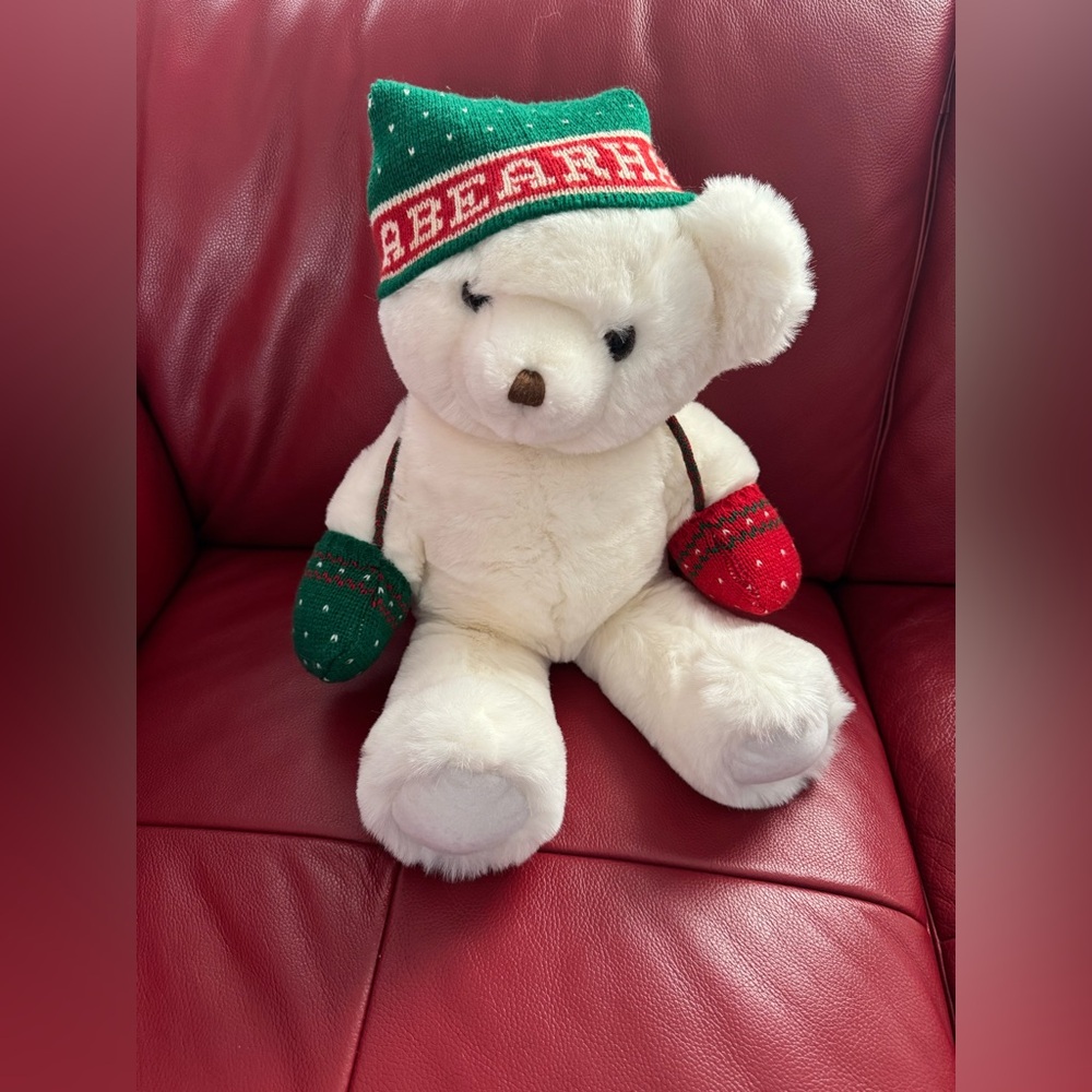 Festive White Teddy Bear with Green and Red Hat and Mittens 16” vintage 1987